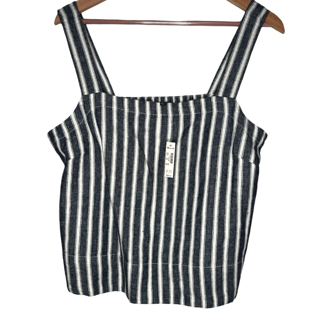 NWT Madewell Tank Top Gray L Striped Linen Blend Coastal Cowgirl Hamptons Chic